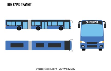 Bus Rapid Transit Flat design illustration, Public Vehicles , top view, side view, front view, isolated by white background