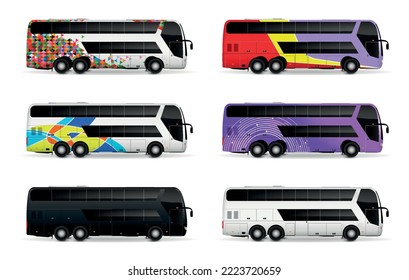 Bus realistic mockup set with tourist transportation symbols isolated vector illustration