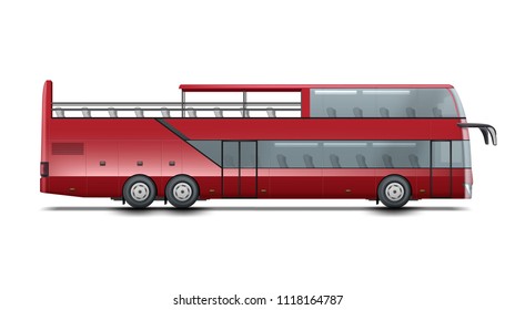 Bus realistic mockup template sightseeing or city tour couch passenger city red double decker open-top vector illustration isolated on white background