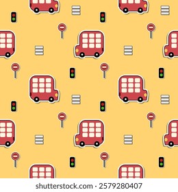 Bus red cartoon so cute. On traffic signs traffic lights yellow background. Pattern seamless vector illustration. 