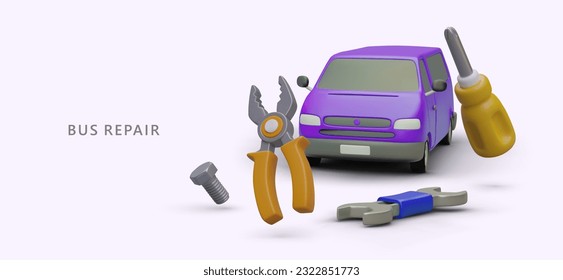 Bus repair station. Restoration of minivans after accident. Spare parts replacement. Violet van, screwdriver, pliers, bolt, wrench. Advertising poster with realistic illustration