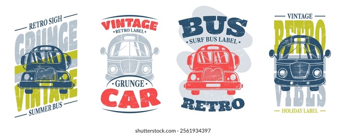 Bus retro label. Logo of surfing. Summer travel. Beach sun poster. Vintage car van and surfboard. Holiday adventure sign. Typographic grunge print shirt. Tropical tourism. Vector garish banners set