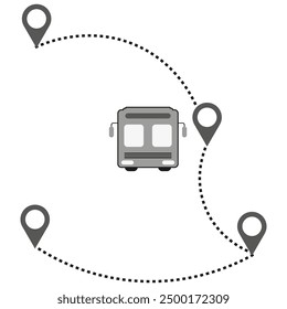 Symbol für Busroute Gepunkteter Pfad mit Kartenmarkierungen. Vektortransportsymbol. Graues und schwarzes Design.