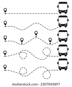 Bus route with location pin set. Public transport silhouette driving on dotted path collection. Journey and travel concept. Vector illustration isolated on white.