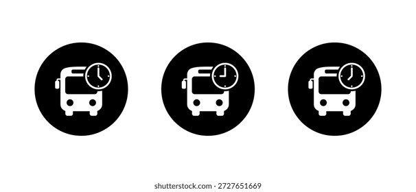 Icono de horario de autobús en círculo negro. Símbolo de tiempo de transporte público