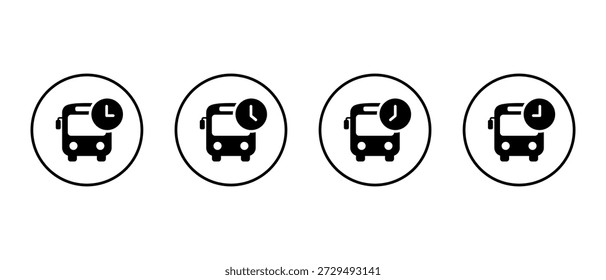Icono de horario de autobús establecido en contorno circular. Símbolo de hora y salida del transporte público