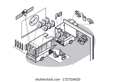 Bus scheme with footnotes vector illustration. Autobus drawing in black and white colours. Dashboard, luggage compartment, seats, wifi, air conditioning flat style design