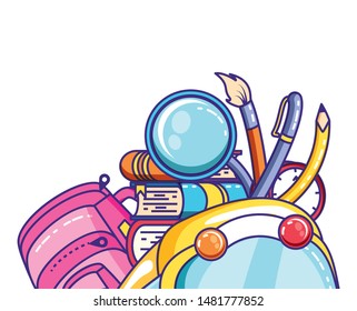 bus school with bag and set supplies education