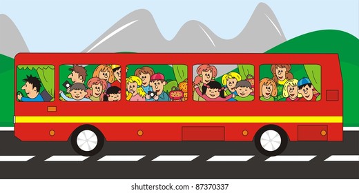 bus and school children, trip, landscape, mountain, vector illustration