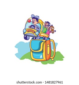 bus school with driver and students in school bag supply