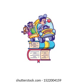 bus school with driver and students in pile of library books vector illustration design