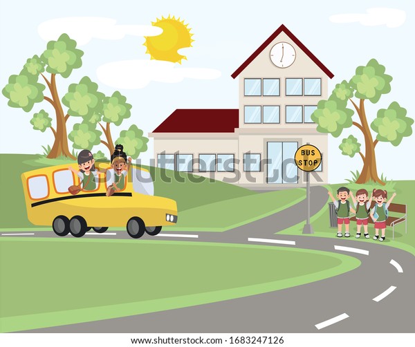 学生を学校に迎えに行くバススクールのベクターイラスト 学生を学校に迎えに行くバススクールのベクターイラスト のベクター画像素材 ロイヤリティフリー