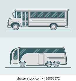 Bus school tourist intracity schoolbus lineart line art road transport set. 