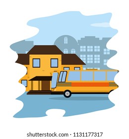 bus school transportation with city house