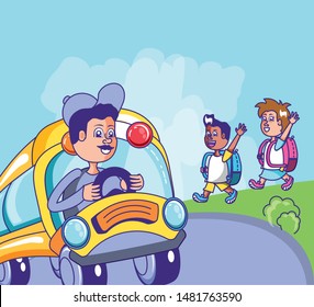 bus school transportation with cute little students