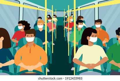 bus seating. man and woman in face mask. vector illustration 