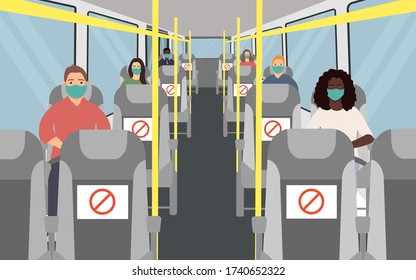 bus seating with social distance. black and white, man, woman in face mask. vector illustration 