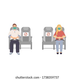 bus seating with social distance. man and woman in face mask. vector illustration 