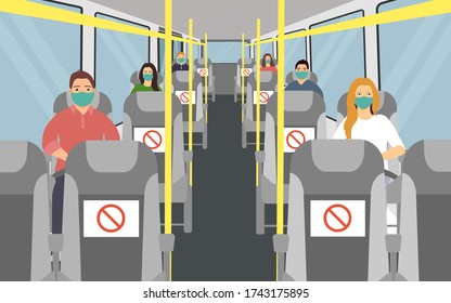 bus seating with social distance. man and woman in face mask. vector illustration 