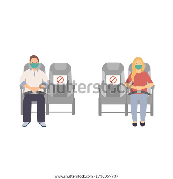 bus seating with social distance. man and\
woman in face mask. vector illustration\

