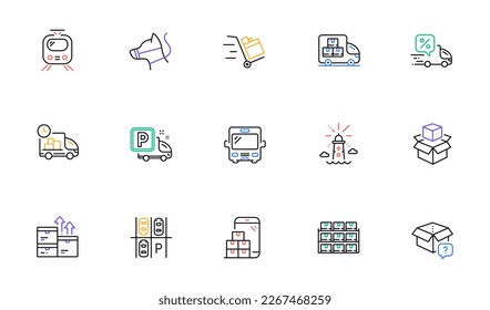 Bus, Secret package and Boxes shelf line icons for website, printing. Collection of Parking place, Mobile inventory, Truck parking icons. Delivery, Train, Lighthouse web elements. Vector