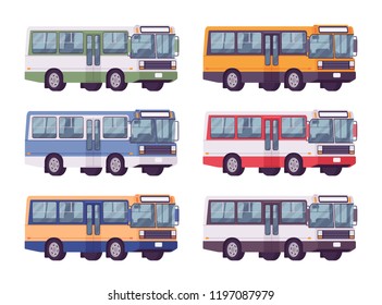 Bus set in bright colors. Single-decker bright large motor road vehicle for carrying passengers, city transit. Vector flat style cartoon illustration, isolated on white background