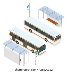 Bus and bus shelter. Both sides views. Isometric vector illustration isolated on white.

