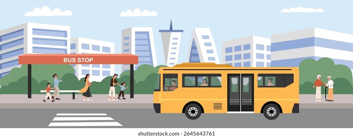 Bus shelter illustration. Bus stop. Public transportation. Bus stop shelter in the city. People waiting bus stop. People at halt.