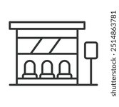 Bus shelter, in line design. Public shelter, transit stop, bus stop, waiting area, transportation, city bus shelter on white background vector. Bus shelter editable stroke icon.