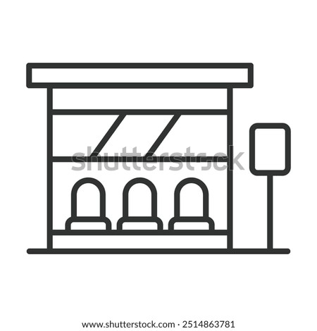 Bus shelter, in line design. Public shelter, transit stop, bus stop, waiting area, transportation, city bus shelter on white background vector. Bus shelter editable stroke icon.