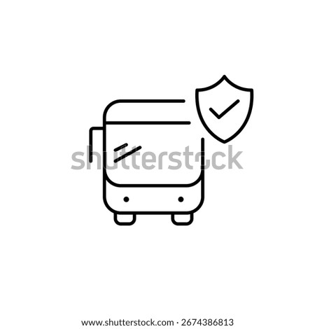 Bus, shield and checkmark. Safe public transportation, secure commute service. Pixel perfect, editable stroke vector icon