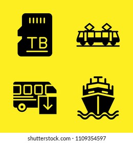 bus, ship, sd card and tram vector icon set. Sample icons set for web and graphic design