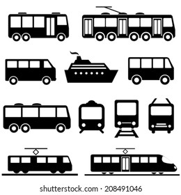 Bus, ship, train public transportation icon set