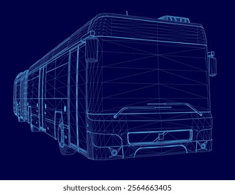 Bus is shown in a blue color. The bus is a large vehicle with a long body and a large front wheel. The bus is shown in a 3D format, which gives it a futuristic appearance