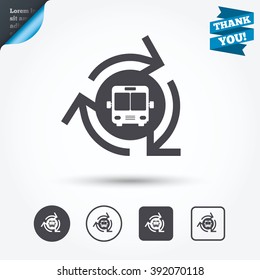Bus shuttle icon. Public transport stop symbol. Circle and square buttons. Flat design set. Thank you ribbon.