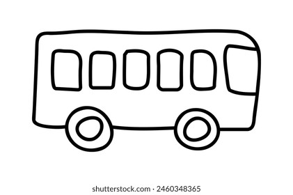 Vista lateral del autobús estilo Doodle. Transporte público aislado. Contorno de arte de minibús con ruedas. Dibujo de contorno en blanco y negro para niños. Ilustración vectorial