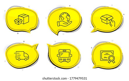 Bus sign. Diploma certificate, save planet chat bubbles. Truck delivery, Hold box and Packing boxes line icons set. Express service, Delivery parcel, Tourism transport. Transportation set. Vector