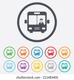 Bus Sign Icon. Public Transport With Driver Symbol. Round Circle Buttons With Frame. Vector