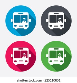 Bus Sign Icon. Public Transport With Driver Symbol. Circle Buttons With Long Shadow. 4 Icons Set. Vector