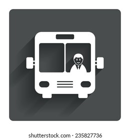 Bus sign icon. Public transport with driver symbol. Gray flat square button with shadow. Modern UI website navigation. Vector