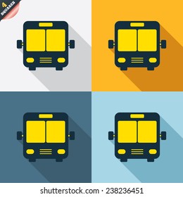 Bus sign icon. Public transport symbol. Four squares. Colored Flat design buttons. Vector