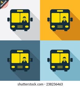 Bus sign icon. Public transport with driver symbol. Four squares. Colored Flat design buttons. Vector