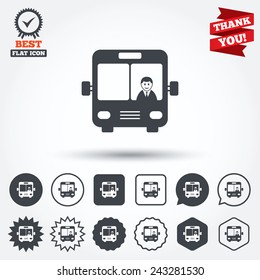 Bus sign icon. Public transport with driver symbol. Circle, star, speech bubble and square buttons. Award medal with check mark. Thank you ribbon. Vector