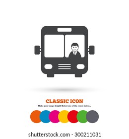 Bus sign icon. Public transport with driver symbol. Classic flat icon. Colored circles. Vector