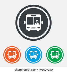 Bus sign icon. Public transport with driver symbol. Graphic design web element. Flat bus symbol on the round button. Vector
