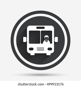 Bus sign icon. Public transport with driver symbol. Circle flat button with shadow and border. Vector
