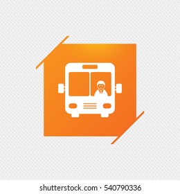 Bus sign icon. Public transport with driver symbol. Orange square label on pattern. Vector