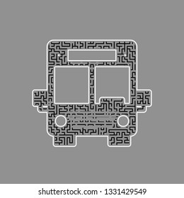 Bus sign illustration. Vector. Black maze filled icon with white border at gray background.