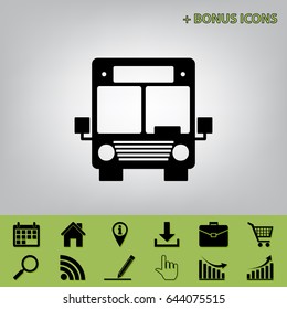 Bus sign illustration. Vector. Black icon at gray background with bonus icons at celery ones
