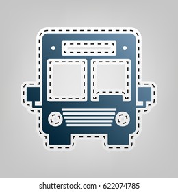 Bus sign illustration. Vector. Blue icon with outline for cutting out at gray background.
